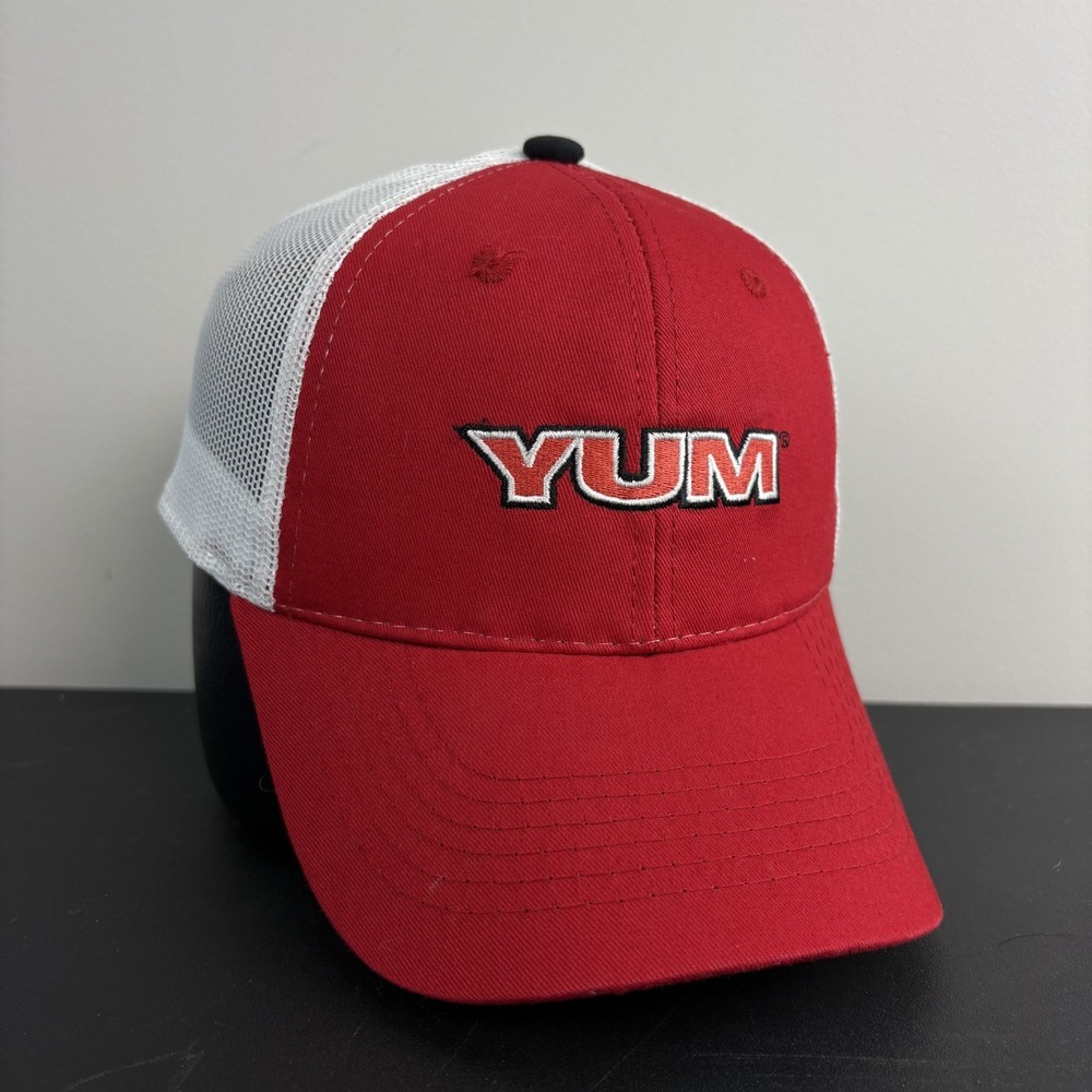 YUM Baits Fishing Hat Red White Outdoor Lures Mesh Trucker Strapback Cap